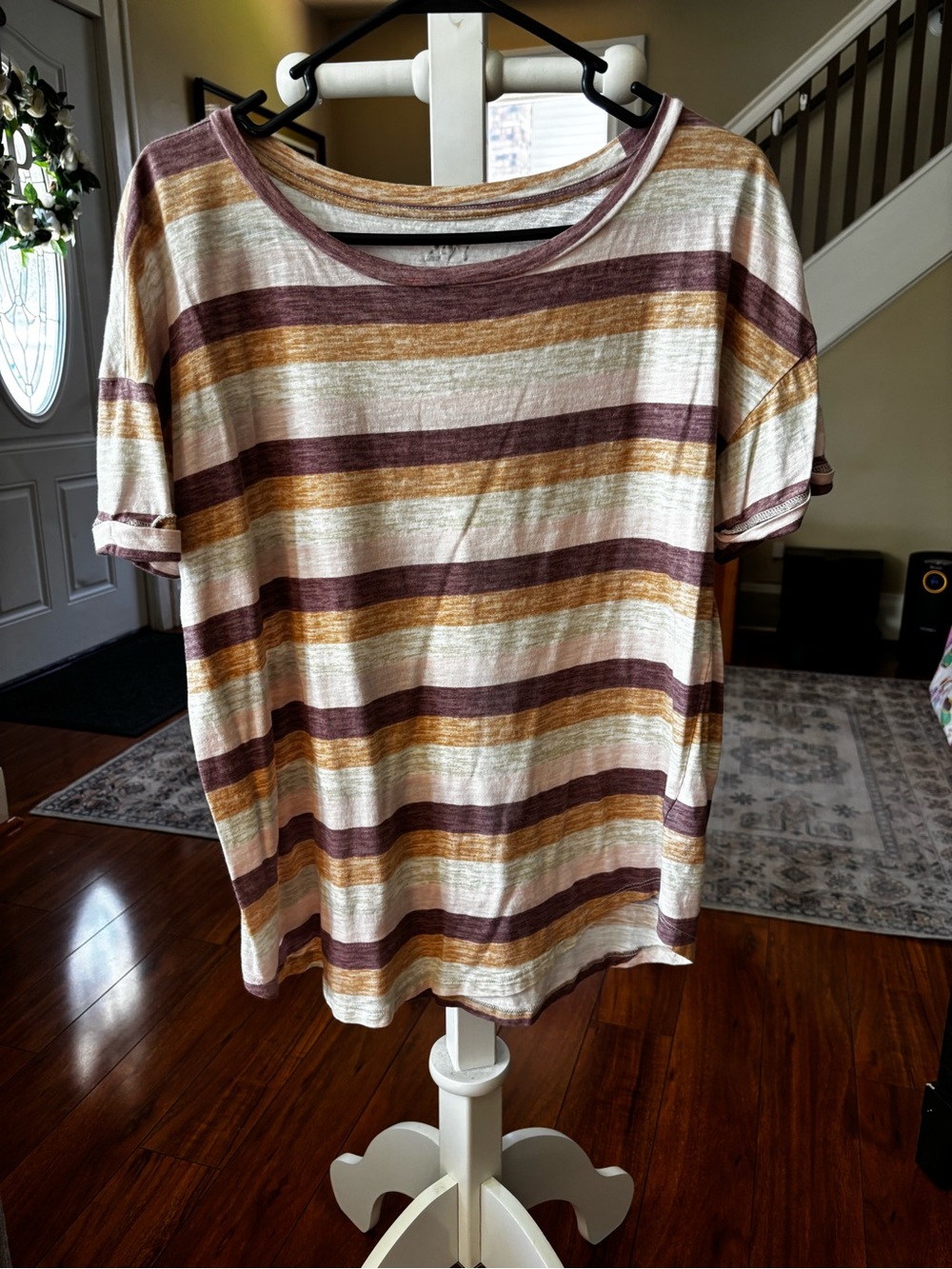 Striped Short-Sleeve Women’s Top in Cream, Brown & Mustard Maurice’s large
